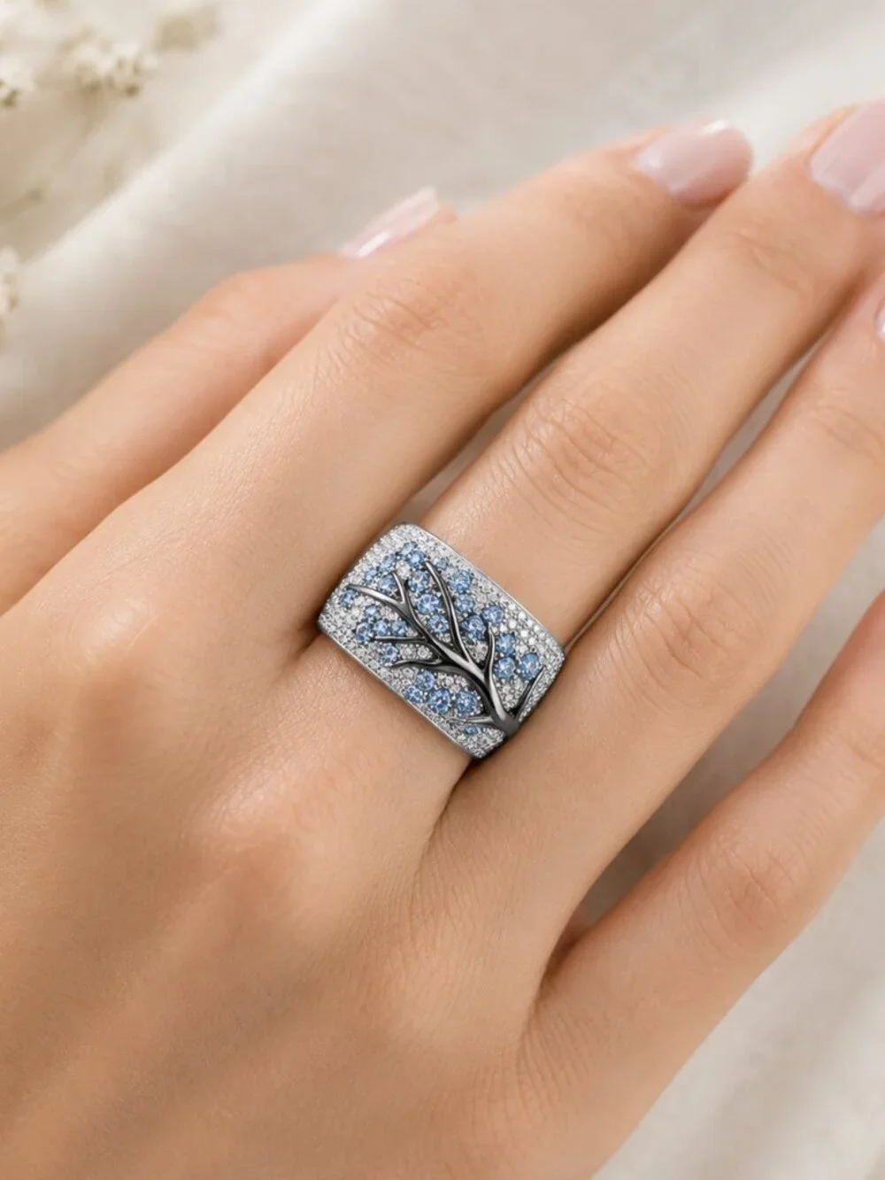 Silver Plum Tree Branch Blue Crystal Statement Ring Micro Pave Sz 10 NWT